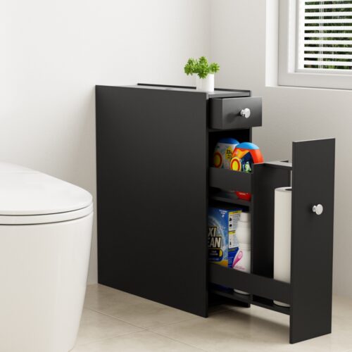 Artiss Bathroom Storage Cabinet Toilet Slim Tissue Box Caddy Holder Side Wooden Black - Image 6
