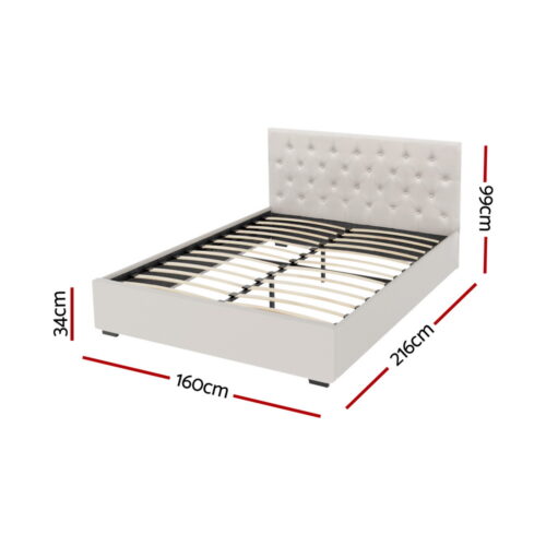 Artiss Bed Frame Queen Size Gas Lift Beige VILA - Image 2