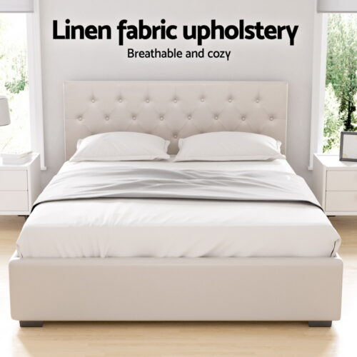 Artiss Bed Frame Queen Size Gas Lift Beige VILA - Image 5