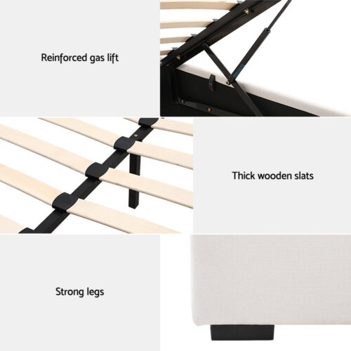 Artiss Bed Frame Queen Size Gas Lift Beige VILA - Image 6