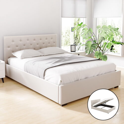 Artiss Bed Frame Queen Size Gas Lift Beige VILA - Image 7