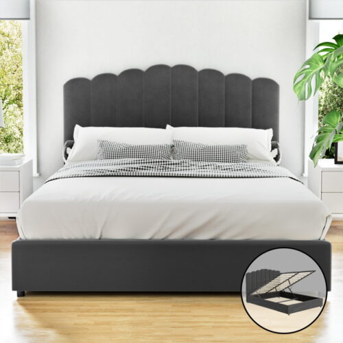 Artiss Bed Frame Double Size Velvet Grey FION - Image 7