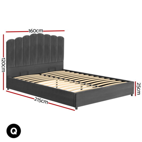 Artiss Bed Frame Queen Size Velvet Grey FION - Image 2