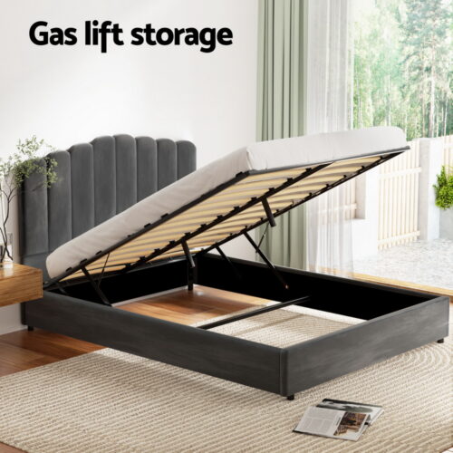 Artiss Bed Frame Queen Size Velvet Grey FION - Image 4