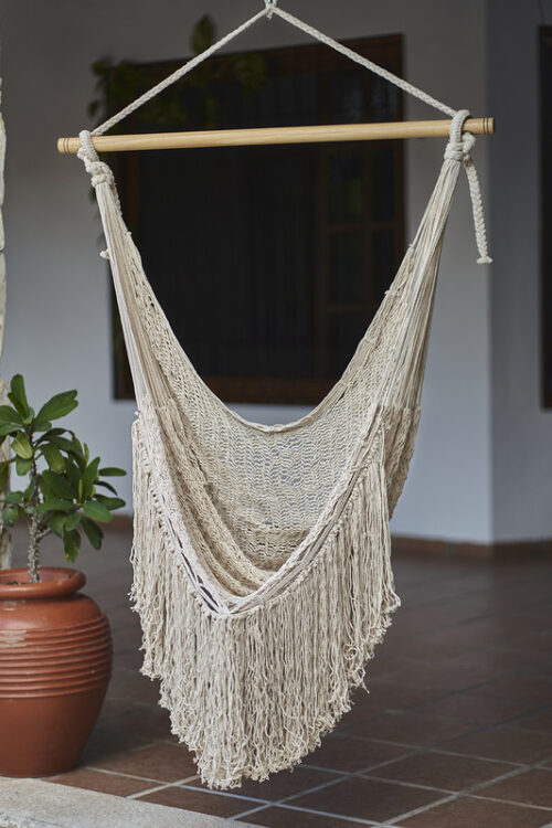 Fringed Cotton Rope Mexican Hammock Swing from Mexico in Ivory - Image 2