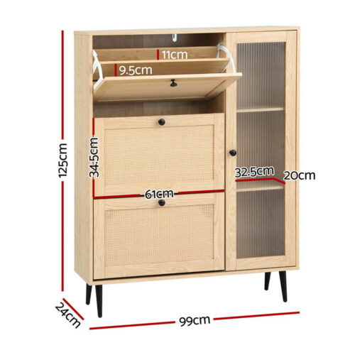 Artiss Shoe Rack Cabinet 3 Flip-out Drawers Pine - Image 4