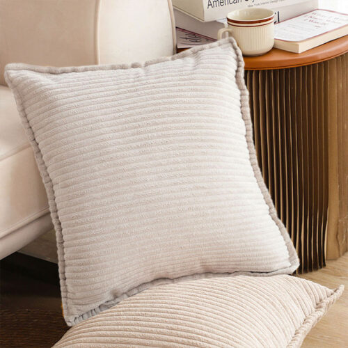 45cm Beige Warm Wood Tone Wabi-sabi Striped Corduroy Square Throw Pillow - Image 4