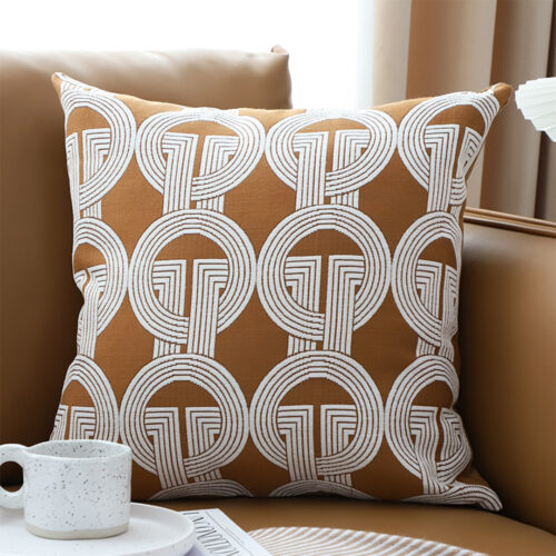 2x 50cm Throw Pillow Brown Circular Chain Jacquard Decorative Square - Image 2