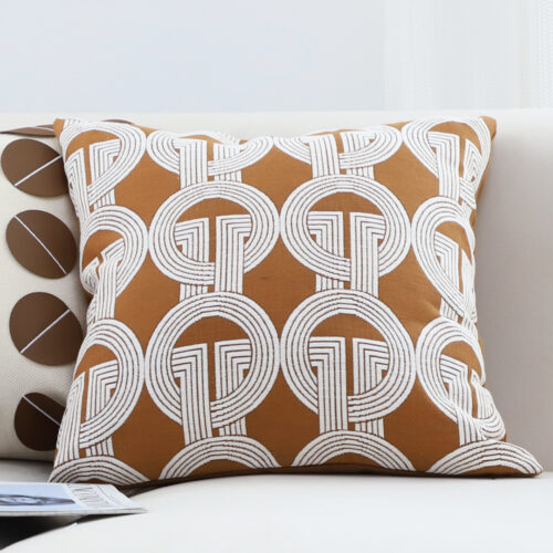 2x 50cm Throw Pillow Brown Circular Chain Jacquard Decorative Square - Image 4