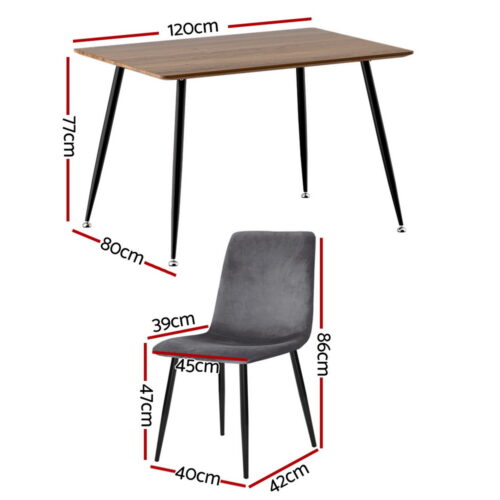 Artiss Dining Set 5pcs 4Seater Table Chairs Wooden Velvet Grey Kitchen Furniture - Image 2