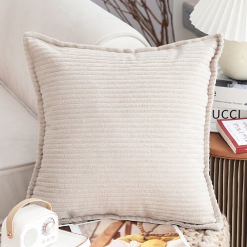 2x 45cm Beige Warm Wood Tone Wabi-sabi Striped Corduroy Square Throw Pillow - Image 2