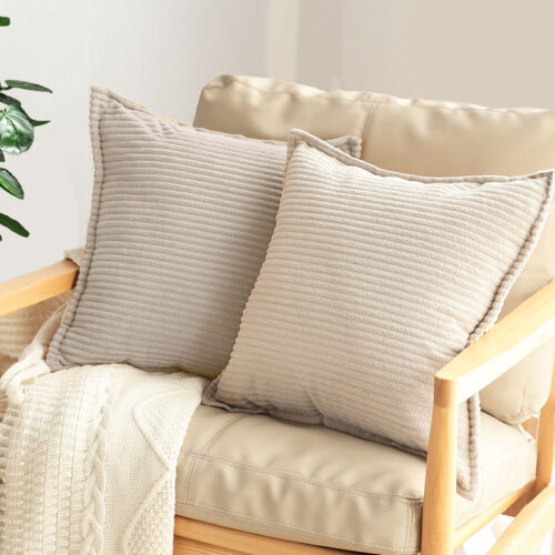 2x 45cm Beige Warm Wood Tone Wabi-sabi Striped Corduroy Square Throw Pillow - Image 6