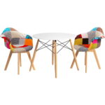Artiss Dining Set Round Table 2 Chairs Retro Patchwork Kitchen Wood DSW 90cm