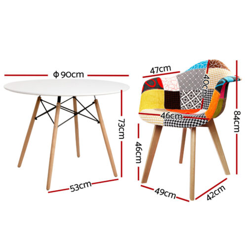 Artiss Dining Set Round Table 2 Chairs Retro Patchwork Kitchen Wood DSW 90cm - Image 2