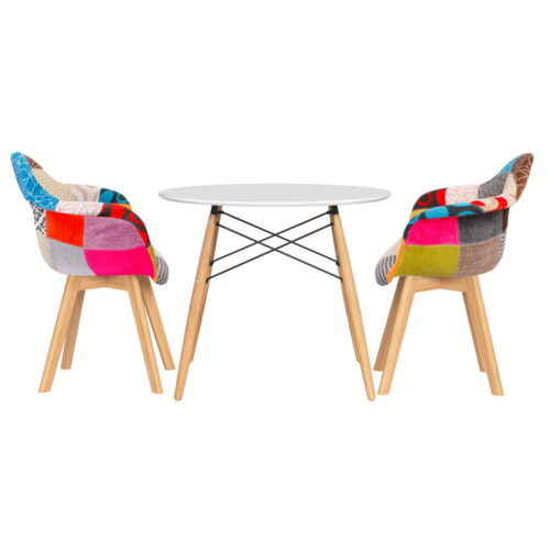 Artiss Dining Set Round Table 2 Chairs Retro Patchwork Kitchen Wood DSW 90cm - Image 3