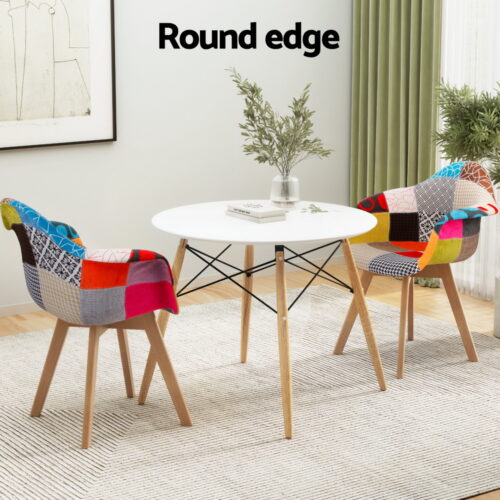 Artiss Dining Set Round Table 2 Chairs Retro Patchwork Kitchen Wood DSW 90cm - Image 4