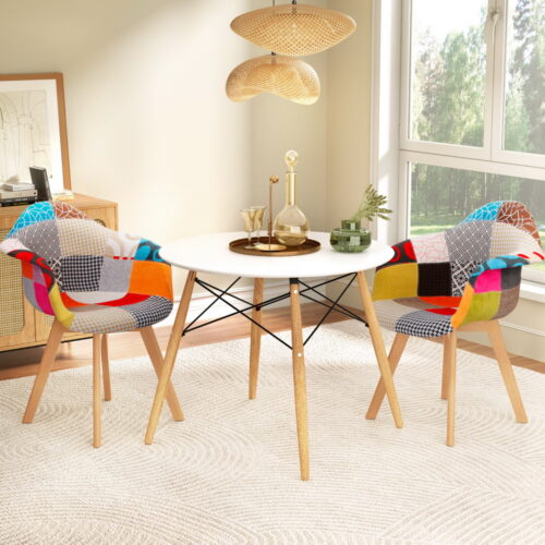 Artiss Dining Set Round Table 2 Chairs Retro Patchwork Kitchen Wood DSW 90cm - Image 7