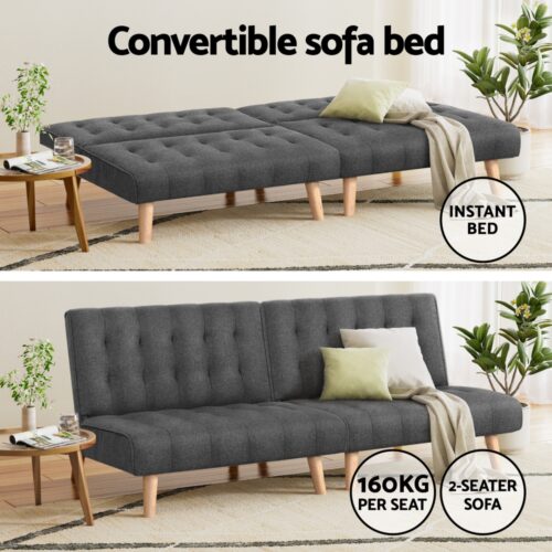 Artiss 2x Sofa Bed Couch Single Seater Fabric Grey - Image 4