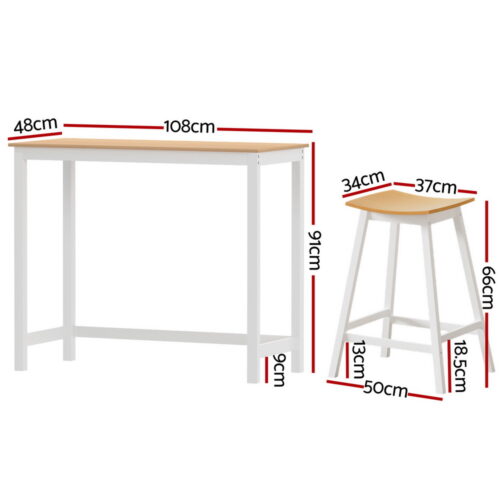 Artiss Bar Table and Stools Set Dining Desk Solid Wood Kitchen Chairs Cafe Pub - Image 2