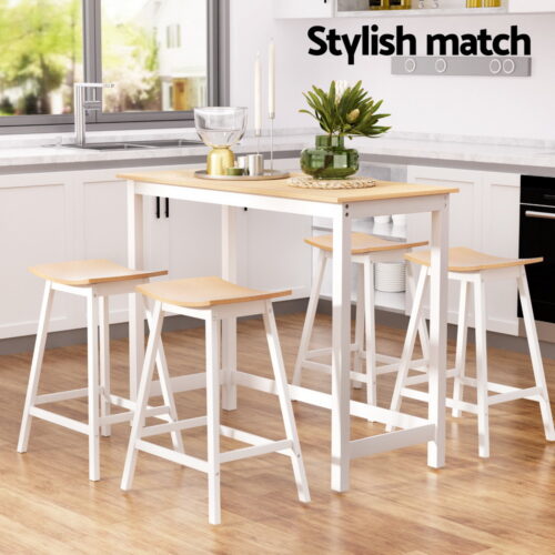 Artiss Bar Table and Stools Set Dining Desk Solid Wood Kitchen Chairs Cafe Pub - Image 4
