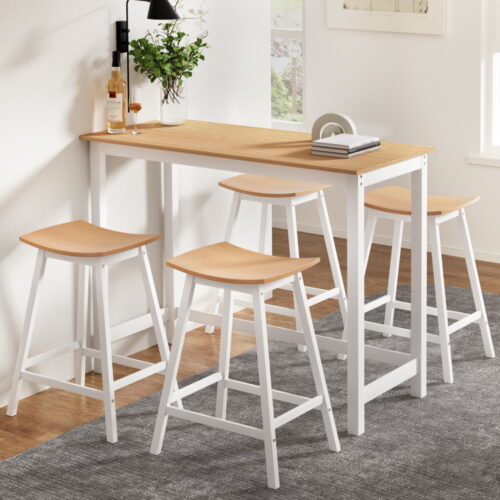 Artiss Bar Table and Stools Set Dining Desk Solid Wood Kitchen Chairs Cafe Pub - Image 7