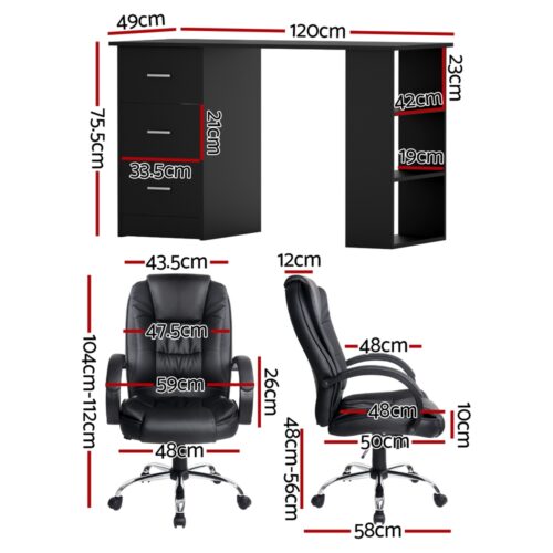 Artiss Computer Desk 120cm Executive Office Chair Set PU Leather High Back Black - Image 2