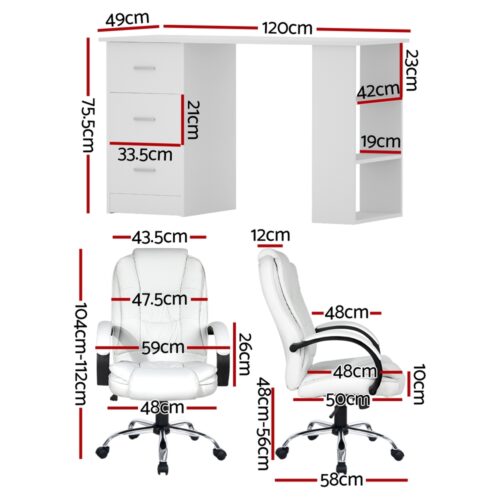 Artiss Computer Desk 120cm Executive Office Chair Set PU Leather High Back White - Image 2