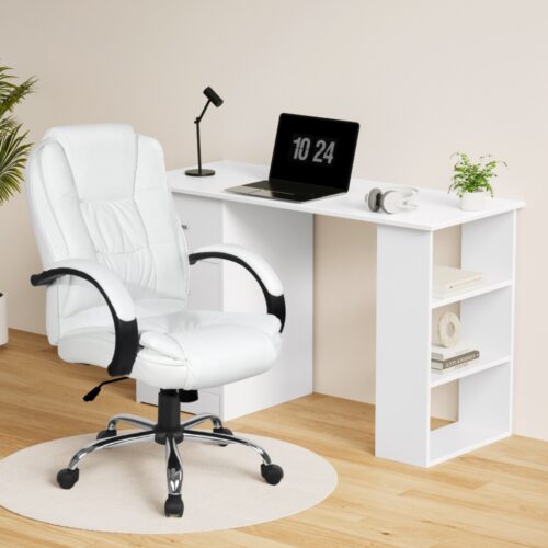 Artiss Computer Desk 120cm Executive Office Chair Set PU Leather High Back White - Image 7