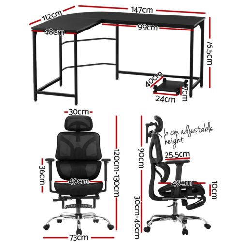 Artiss Computer Desk L-Shape Study Desks Ergonomic Office Chair Mesh Chairs - Image 2