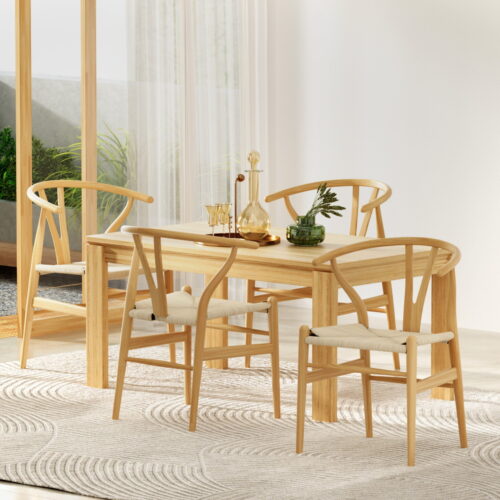 1 Set of 4 Artiss Dining Chairs Wooden Rattan Seat Wishbone Back - Image 7