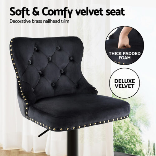 Artiss 1x Velvet Bar Stool Adjustable Height Nailhead Trim Kitchen Counter Stool - Image 5