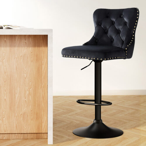 Artiss 1x Velvet Bar Stool Adjustable Height Nailhead Trim Kitchen Counter Stool - Image 7
