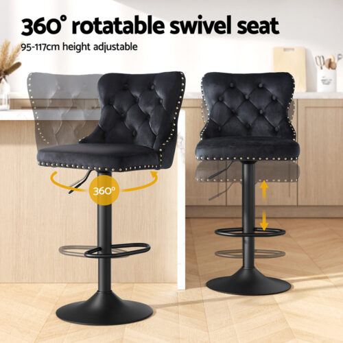 Artiss 2x Velvet Bar Stool Adjustable Height Nailhead Trim Kitchen Counter Stool - Image 4