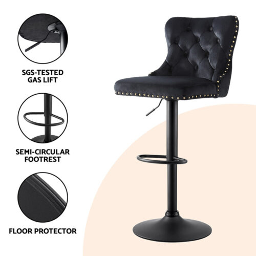 Artiss 2x Velvet Bar Stool Adjustable Height Nailhead Trim Kitchen Counter Stool - Image 6