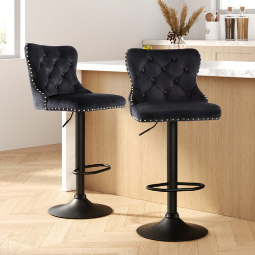 Artiss 2x Velvet Bar Stool Adjustable Height Nailhead Trim Kitchen Counter Stool - Image 7
