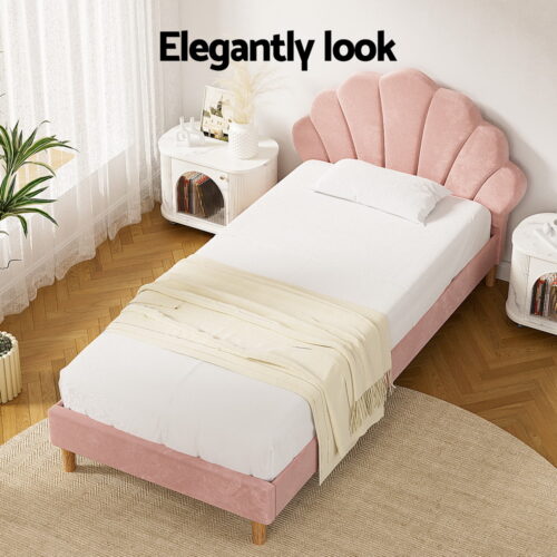 Artiss Bed Frame King Single Scallop-Shape Bedhead Beds Base Pink Velvet Fabric - Image 4