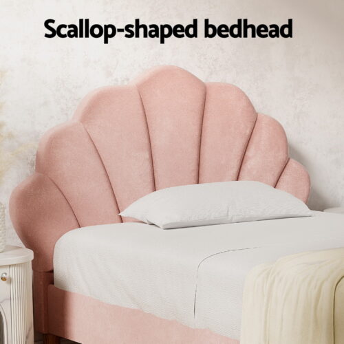 Artiss Bed Frame King Single Scallop-Shape Bedhead Beds Base Pink Velvet Fabric - Image 5