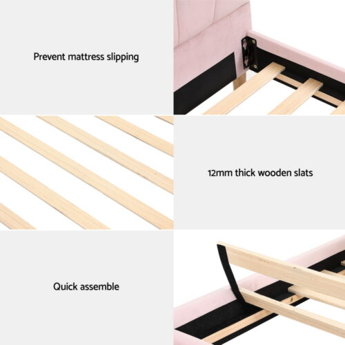Artiss Bed Frame King Single Scallop-Shape Bedhead Beds Base Pink Velvet Fabric - Image 6