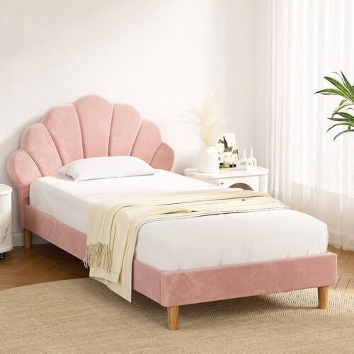 Artiss Bed Frame King Single Scallop-Shape Bedhead Beds Base Pink Velvet Fabric - Image 7