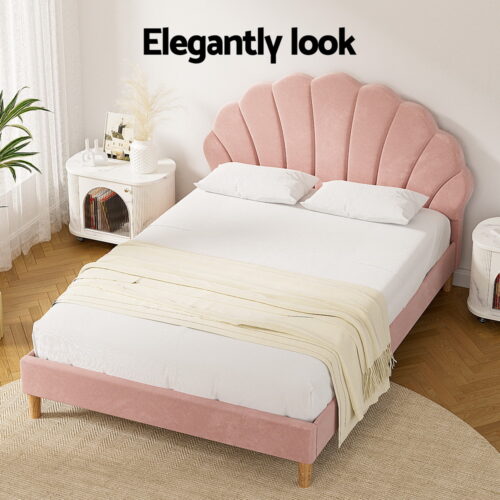 Artiss Bed Frame Double Scallop-Shape Bedhead Beds Base Pink Velvet Fabric ROSY - Image 4