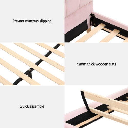 Artiss Bed Frame Double Scallop-Shape Bedhead Beds Base Pink Velvet Fabric ROSY - Image 6