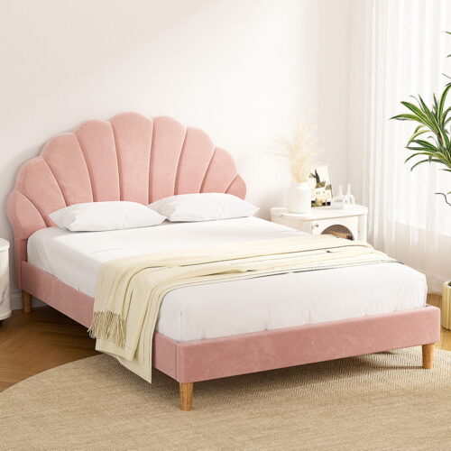 Artiss Bed Frame Double Scallop-Shape Bedhead Beds Base Pink Velvet Fabric ROSY - Image 7
