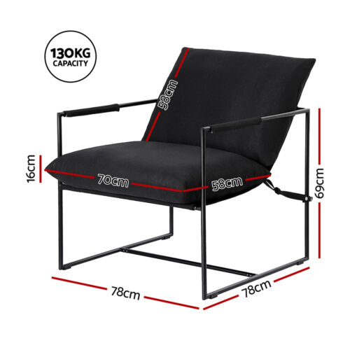 Artiss Armchair Accent Lounge Chair Sling Split Cushion Metal Sofa Fabric Black - Image 2