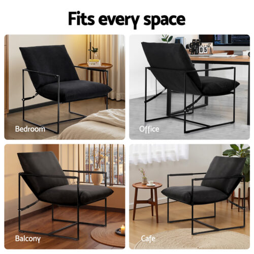 Artiss Armchair Accent Lounge Chair Sling Split Cushion Metal Sofa Fabric Black - Image 6