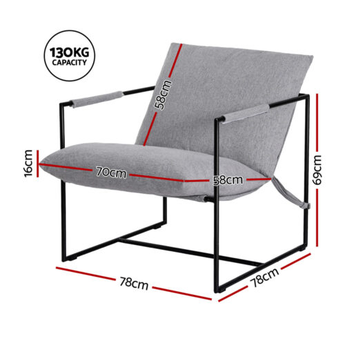 Artiss Armchair Accent Lounge Chair Sling Split Cushion Metal Sofa Fabric Grey - Image 2
