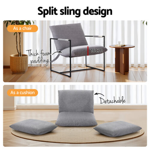 Artiss Armchair Accent Lounge Chair Sling Split Cushion Metal Sofa Fabric Grey - Image 4