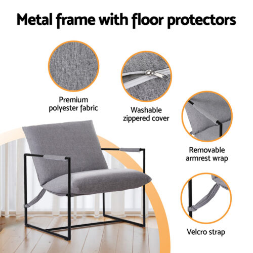 Artiss Armchair Accent Lounge Chair Sling Split Cushion Metal Sofa Fabric Grey - Image 5