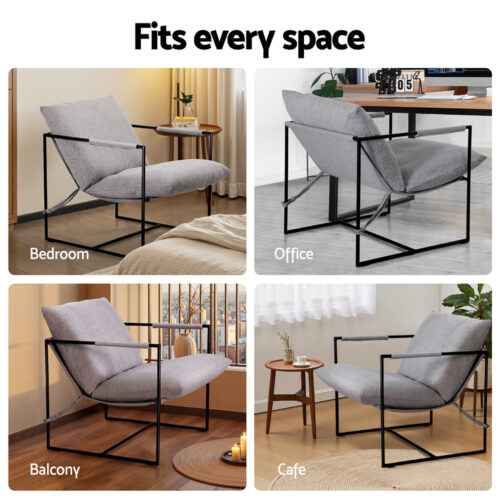 Artiss Armchair Accent Lounge Chair Sling Split Cushion Metal Sofa Fabric Grey - Image 6