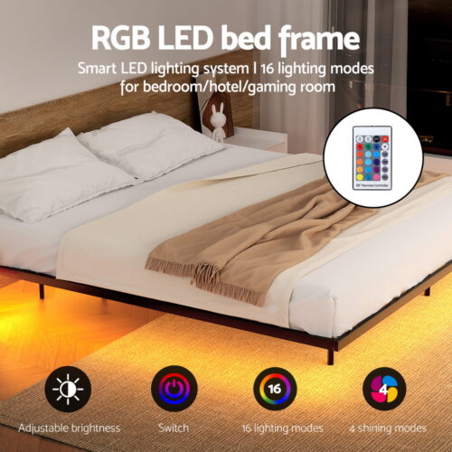 Artiss Double Bed Frame Floating Metal Mattress Base Platform with Smart LED Lights - Image 5