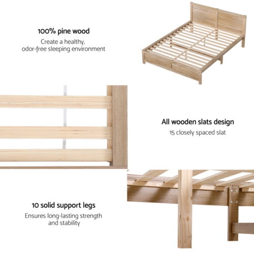 Artiss Bed Frame Double Size Wooden Acacia Wood OATMEAL - Image 6
